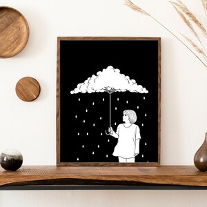 Kunstwerk Illustration von Mädchen genießt im Regen bei bewölktem Sternenhimmel Wandbild, Boho Line Kunstdrucke, minimale Line Art Gallery Poster