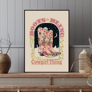 Coastal cowgirl boots prints gallery wall art trendy preppy beachy room aesthetic Retro western cowboy room decor Howdy Disco Cowgirl Print