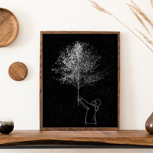 Minimalist Line Art Gallery Wand Kunst Drucke, Junge genießen mit Baum Kunst im Sternenhimmel, One Line Kunstwerk Illustration, Boho Dekor Poster