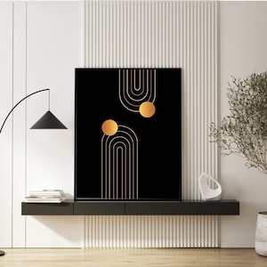 Black Gold Mid Century Modern Abstract Print Wall Art hallway decor Boho gift set Geometric Golden rainbow Wall hanging