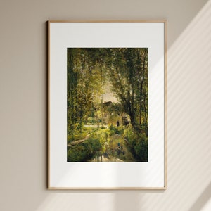 Stampa artistica rustica estiva Pittura a olio di paesaggio di campagna francese Moody River Paesaggio Wall Art Vintage Farmhouse Wall Decor Download digitale