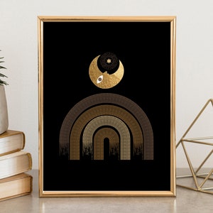 Sunburst bohemian Wall Art, Sun Moon and Star’s Celestial Golden Digital Prints in Wall Decor, Mid Century Modern Gallery Wall Art Prints