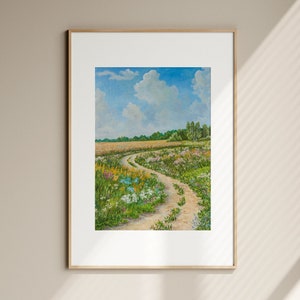 Vintage Spring Meadow Painting, Antique Cottage Decor, Wildflowers field Painting Artwork Decor, Flowers Field Landscape Digital Art Prints