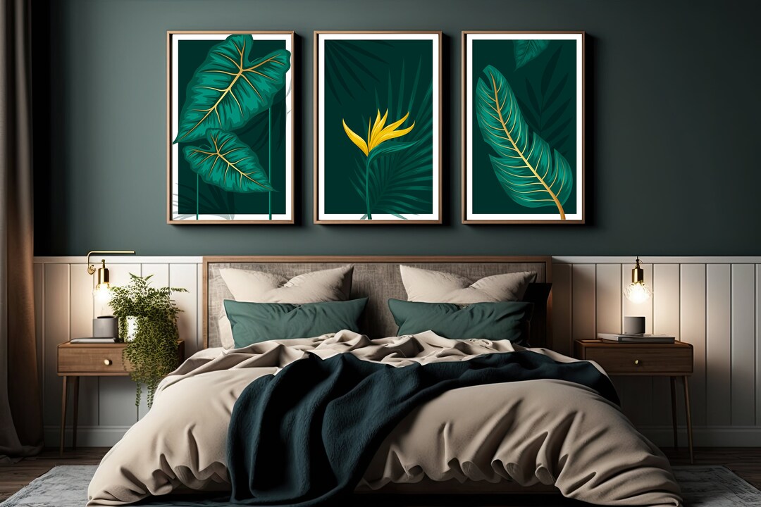 Green Yellow Botanical Wall Art Set of 3 Sage Green Wall Print, Flower ...