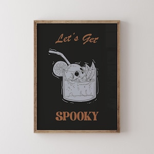 Impresión de arte de pared de Halloween peculiar, esqueleto espeluznante, calavera, bebida, carrito de bar de cocina, decoración de arte de pared, póster divertido de Halloween, cóctel, descarga digital