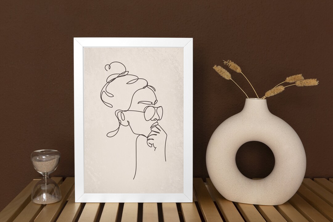 Boho Woman Face Line Art Printable, Minimalist Beige Female One Line ...