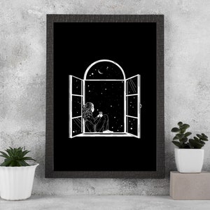 Mädchen genießt Kaffee am Sternenhimmel Kunstwerk, Frauengesichter Illustration, Boho Wand Kunst Drucke, Minimalist Line Art Gallery Celestial Poster