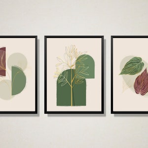Green & Gold Botanical Wall Art Set of 3 Prints, Golden Botanical Greenery Floral geometric Printable Modern Art Home Decor Digital Download