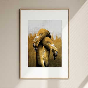 Golden Flamingo Digital Art prints Abstract Canvas Painting Eclectic Living Room Decor Modern Apartment Gold Foil Flamingos Aesthetic Poster
