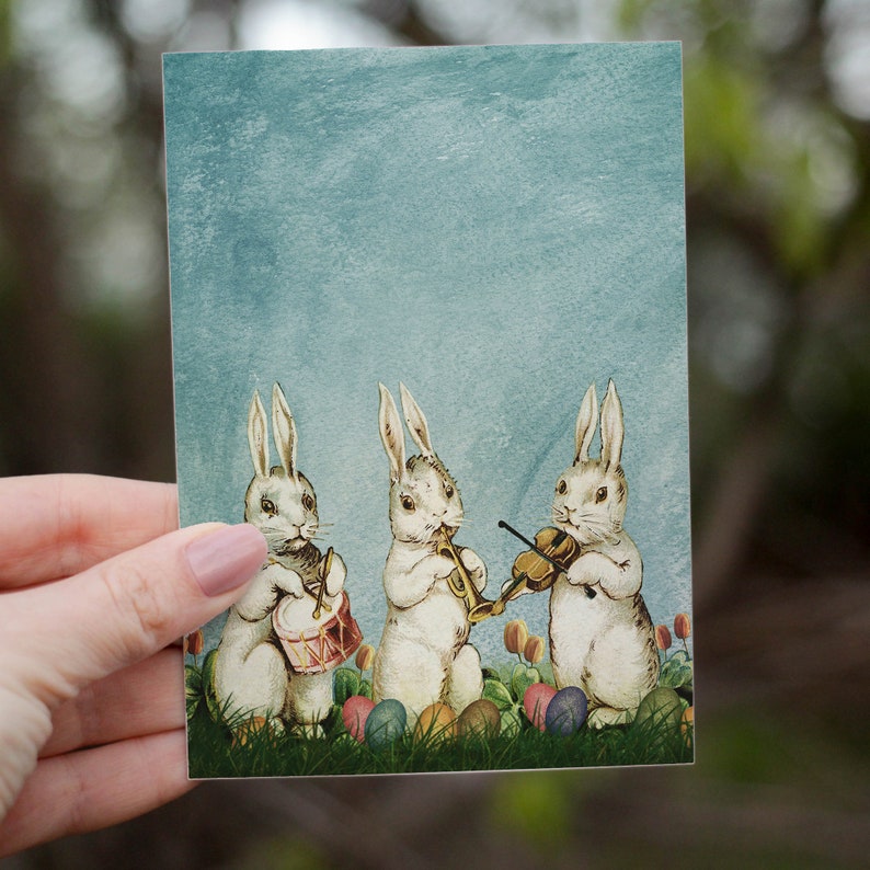 Rustic Easter Bunny Art Print Rabbit Family Playing Music Instruments ...