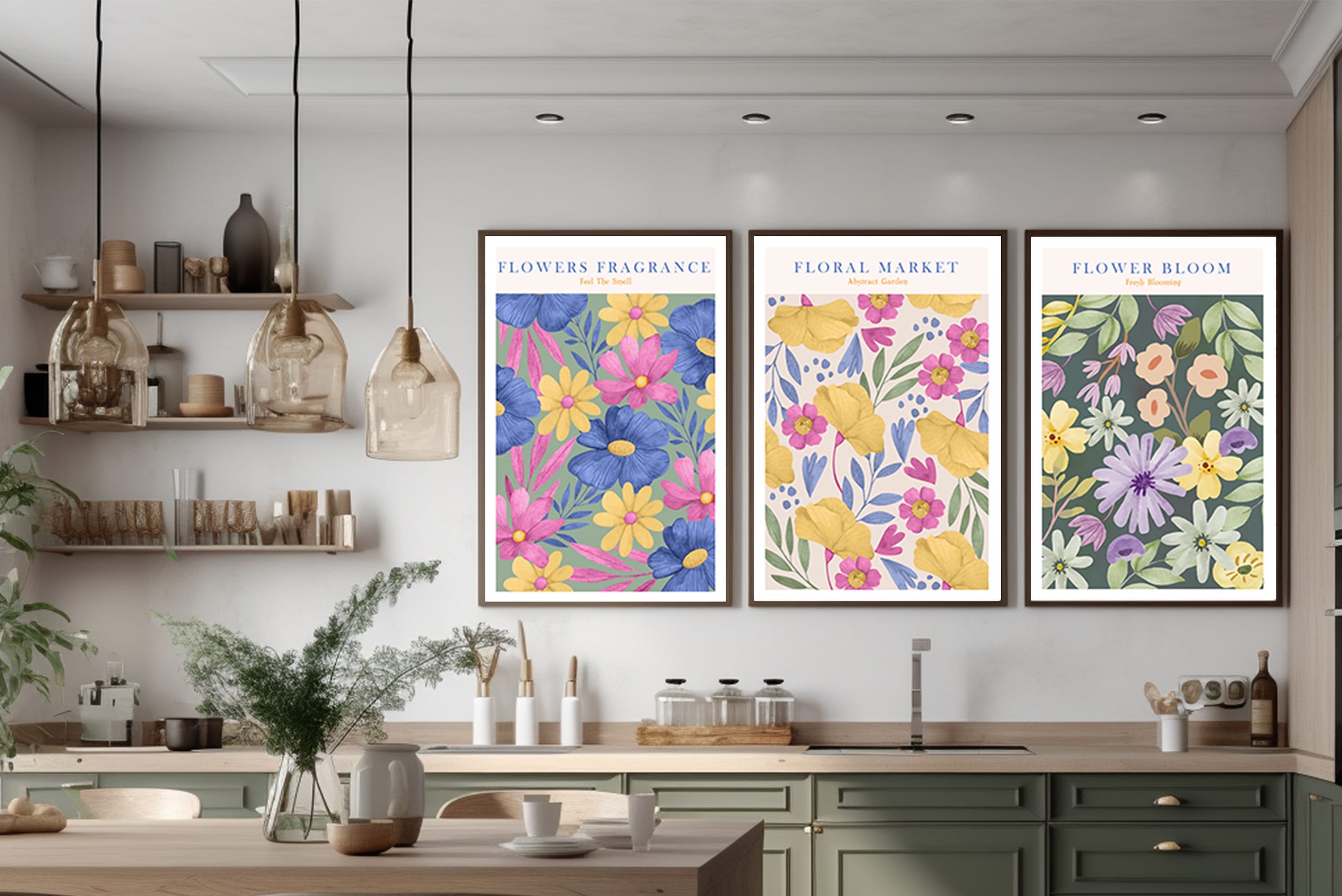 Flower Market Print Set of 3 Art Gallery Botanical Wall Art Colorful ...
