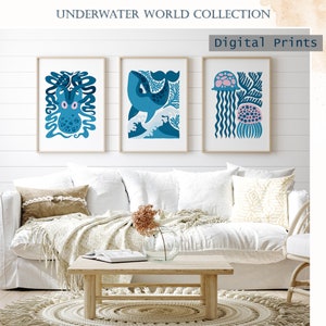 Coral Seaweed Set of 3 Wall Art Gallery Prints Watercolor Coral Poster Minimalist Artwork Botanical Posters Nautical Room Decor Beach House