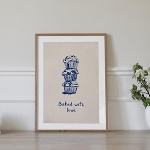 Cupcake Kitchen Art Print Baked with Love Quote Retro Kitchen Poster Vintage Cupcake Wall Decor Kitchen Digital Art Print Cake Lovers gift
