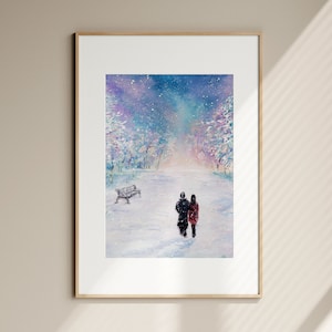 Vintage Romanticism Oil Painting Couple in Love Walking in Snowy Winter Night Park Romantic Wall Art Digital download Antique Love art Decor