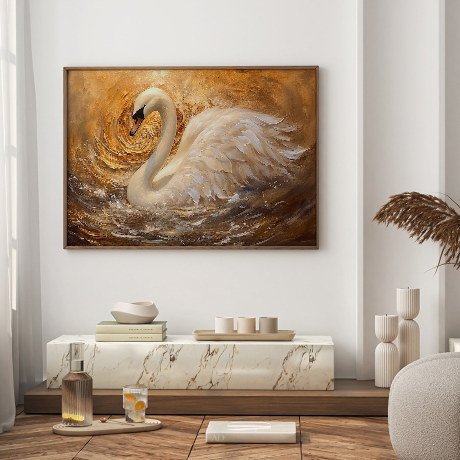 Vintage Swan Oil Painting Antique White Swan Wall Art Print Rustic ...
