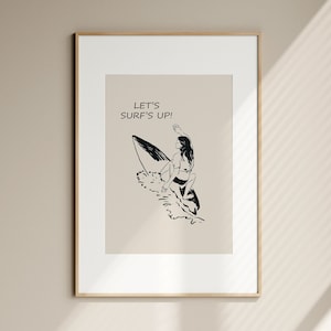 Surfer Girl Art Print Let&#39;s Surf&#39;s Up Coastal Cowgirl Wall Art Vintage Western Surfing Poster Beachy Dorm Room Decor Retro Surf Digital Art