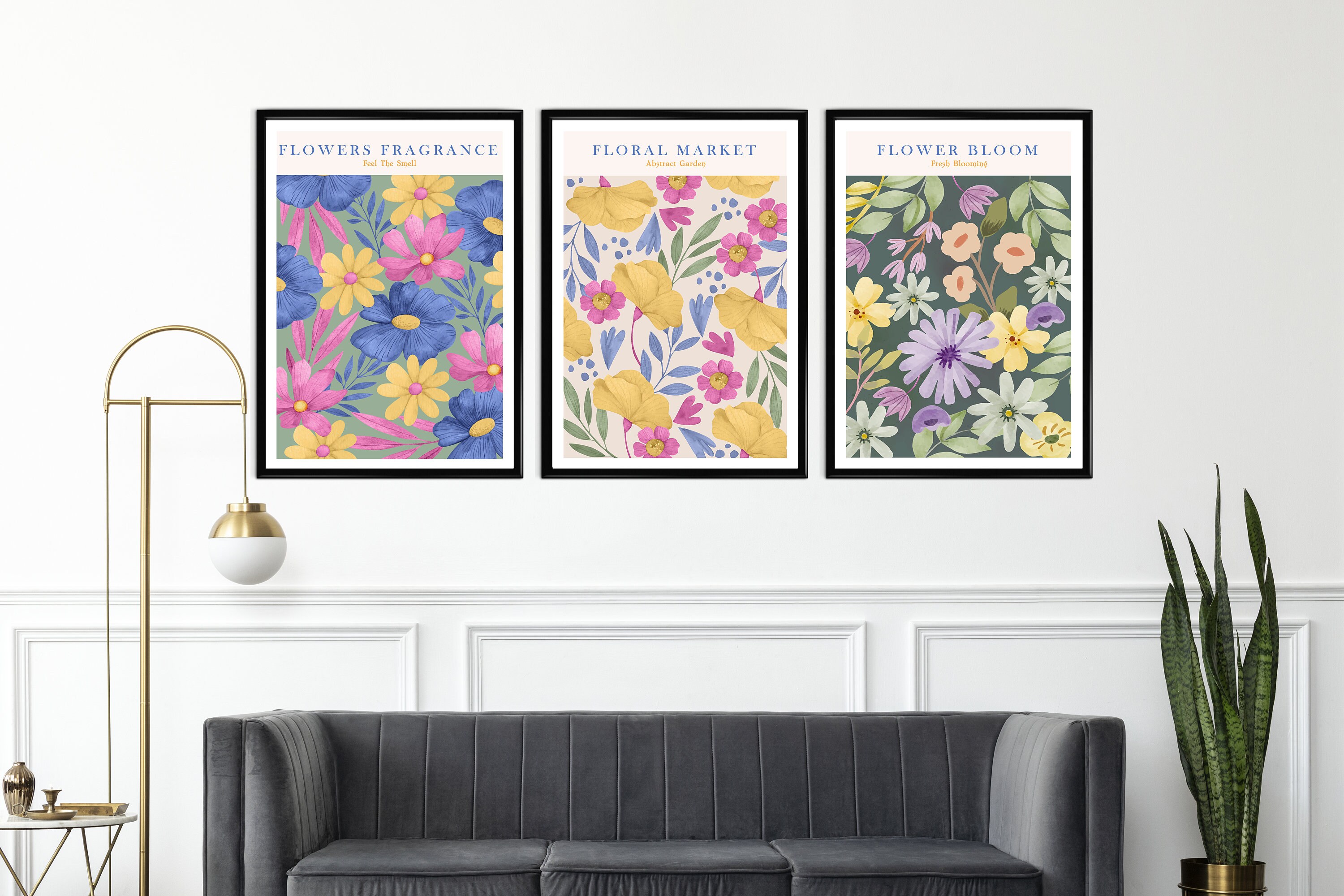 Flower Market Print Set of 3 Art Gallery Botanical Wall Art Colorful ...