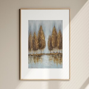 Golden Autumn Forest Art Print Vintage Abstract Landscape Wall Art Lakeside Fall Decor Tree Reflection Impression Gold Foil Digital Download