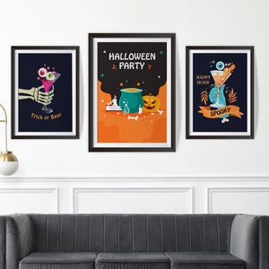 Halloween wall art set of 3 printable, Modern Fall Art wall decor, Skeleton enjoying Cocktails Prints, ghosts Party drink Digital Download