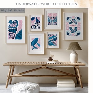 Ocean Painting set of 6 Corals art prints Seaweeds Sea Shells Coral Reef Minimalist Artwork Botanical Poster Nautical Room Decor Beach House