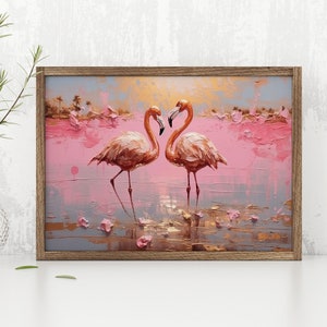 Flamingo Wall Art Print Antique Pink Flamingos Oil Painting Tropical Palm Beach Apartment Wall Art Decor Coastal Digital Downloadable Prints
