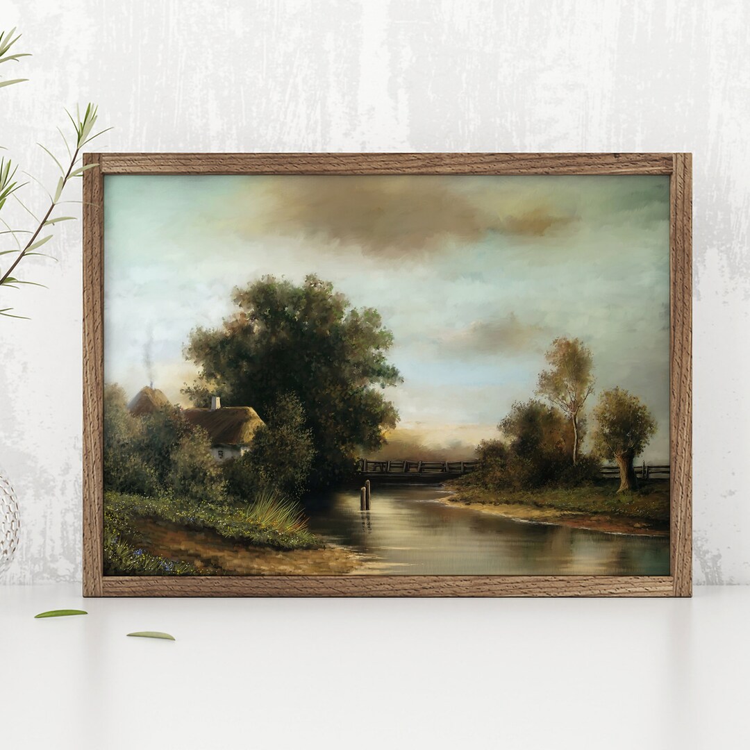 Vintage Countryside Landscape Art Prints Moody Riverbank Oil Painting ...
