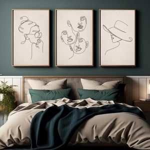 Neutral Face Line Art Set of 3 Wall Prints, Minimalist Beige Female One Line Poster Gallery Wall Art Picture Artwork Decor, Bedroom Wall Art