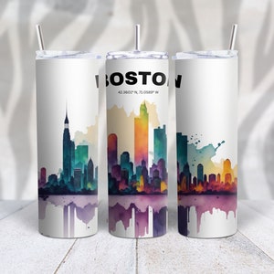 Boston Skyline Art - 20 oz Skinny Tumbler PNG - Watercolor Sublimation Design - Digital Download - Commercial Use - Mug Wrap - Tumbler Wrap