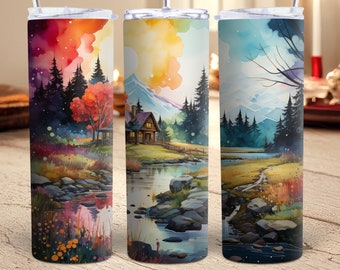 Aquarel Cabin 20 oz Skinny Tumbler PNG Landscape Tumbler Wrap Sublimatie Design Download Digital River Cabin Tumbler Wrap