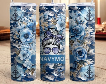 Navy Mom 20 oz Skinny Tumbler Wrap Messy Bun Navy Mom Tumbler Wrap Diseños de sublimación Descargar Military Mom Mug Art Straight Tumbler Wrap