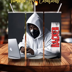 May include: A black and white illustration of a person wearing a white hoodie and a black mask, sitting at a desk with a laptop. The word "HACKER" is written in red on the right side of the image.