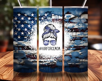 Air Force Mom Tumbler 20 oz Skinny Tumbler Wrap Messy Bun Mom Tumbler Wrap Diseños de sublimación Descargar Military Mom Straight Tumbler Wrap