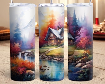 Aquarel Cabin 20 oz Skinny Tumbler Wrap PNG Landschap Tumbler Wrap Sublimatie Design Download Digitale Kunst River Cabin Tumbler Wrap PNG