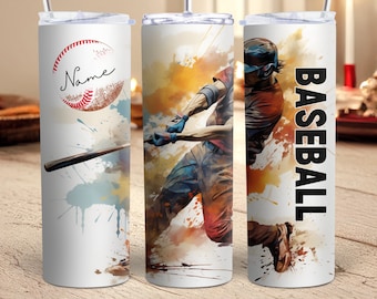 Boys Baseball Tumbler Sports Skinny Tumbler Wrap Personalized Baseball Straight Tumbler Sport Sublimation Design Baseball Player Tumbler