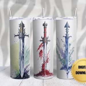 Watercolor Warrior Swords - 20 oz Skinny Tumbler PNG - Sublimation Designs - Digital Art PNG - Medieval Sword Art- Tumbler Wrap - Mug Wrap