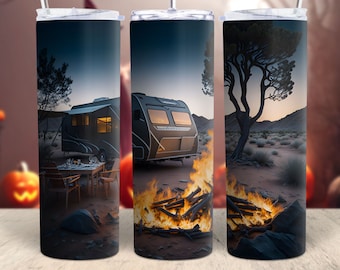 Camping Art RV Campground 20oz Skinny Tumbler PNG Firepit Tumbler Wrap Sublimation Design Download Digital Camper Tumbler Wrap Spring Fall
