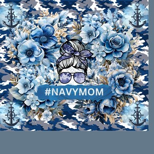 May include: A blue and white camouflage pattern with blue flowers and a stylized illustration of a woman with a messy bun and sunglasses. The text #NAVYMOM is in the center of the image.