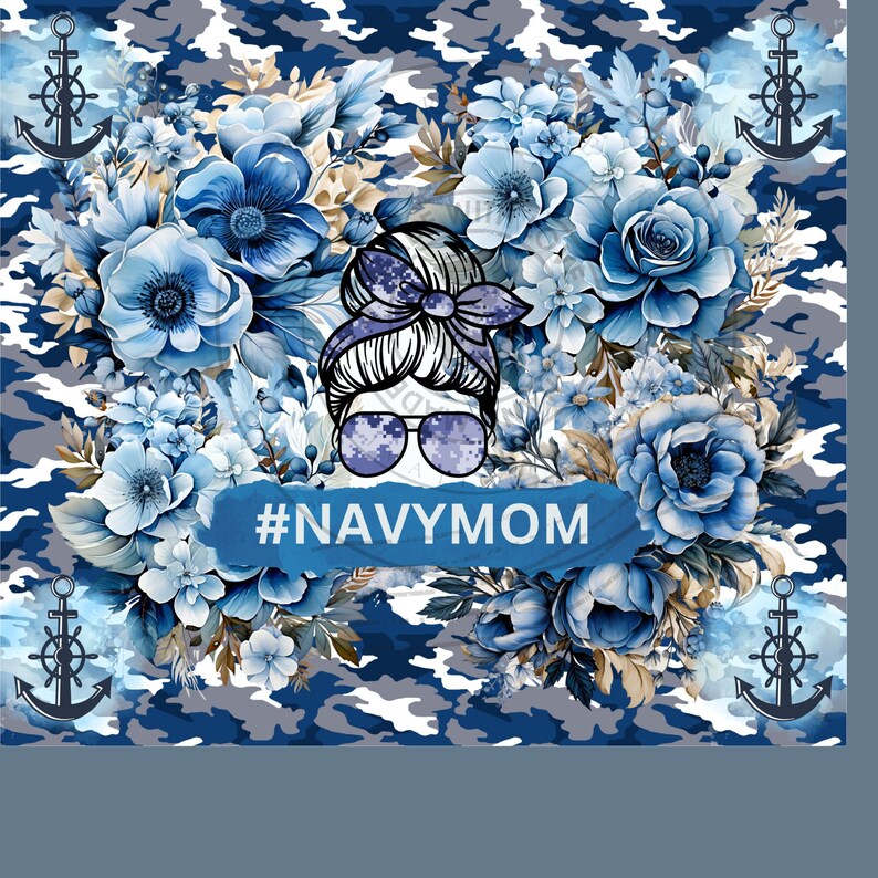 May include: A blue and white camouflage pattern with blue flowers and a stylized illustration of a woman with a messy bun and sunglasses. The text #NAVYMOM is in the center of the image.