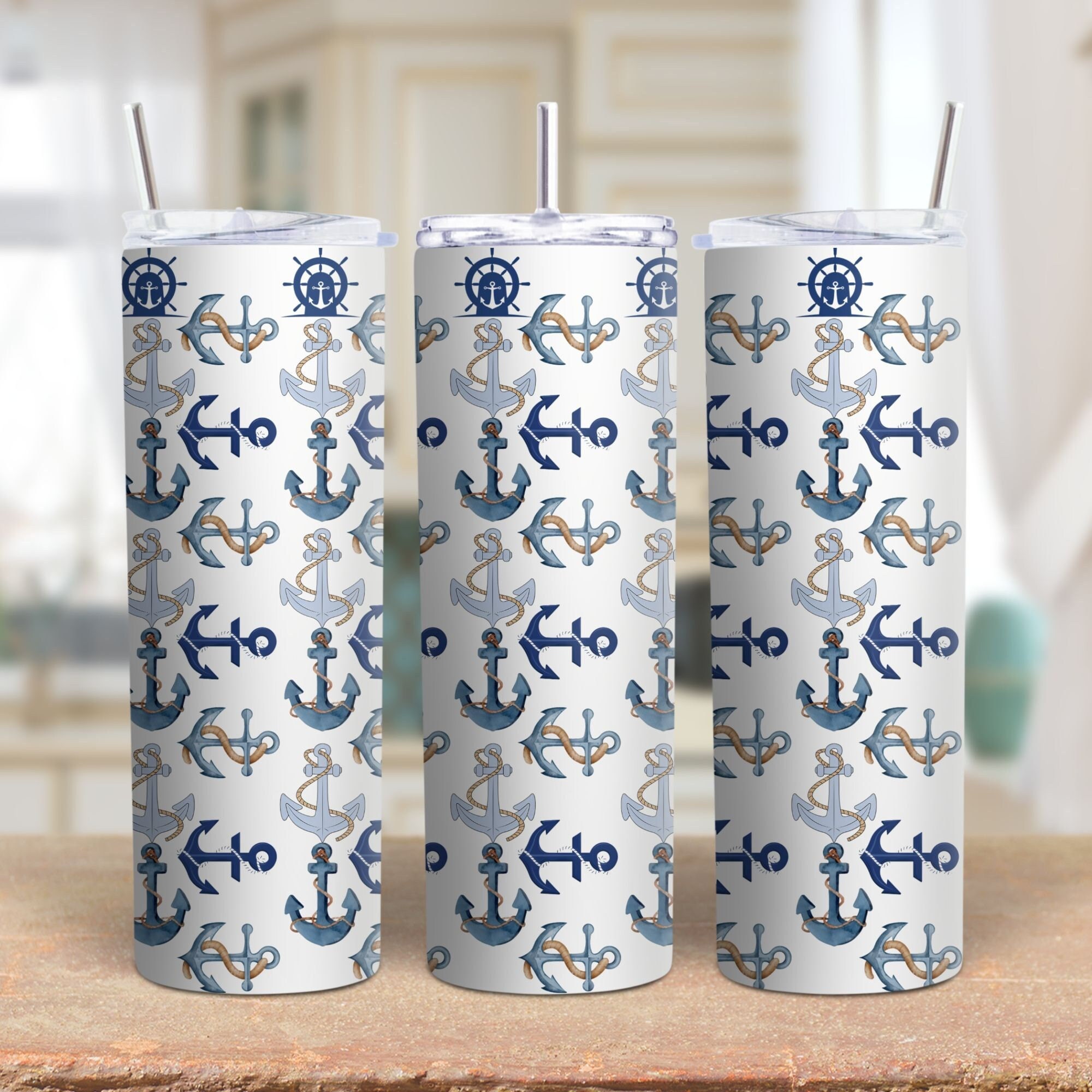 Nautical Anchors PNG - 20 oz Skinny Tumbler PNG - Nautical Tumbler Wrap - Tumbler Sublimation - Digital Download - Digital Paper, Mug Art