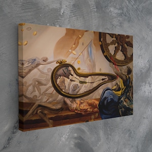 May include: Canvas art print of a surrealist painting featuring a melting clock, figures, and a large wheel. The artwork has a warm color palette with shades of brown, beige, and blue. The canvas is stretched and mounted on a wooden frame.