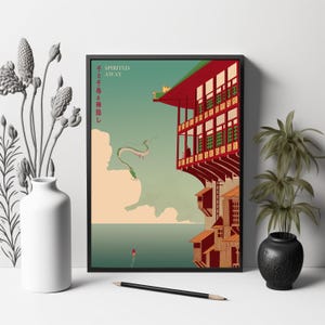 Puede incluir: Impresi&oacute;n art&iacute;stica enmarcada que representa una escena de "Spirited Away". La obra de arte muestra un edificio rojo y marr&oacute;n con un tejado verde, un drag&oacute;n verde y el texto "Spirited Away" en ingl&eacute;s y japon&eacute;s. El fondo es una mezcla de azul, beige y verde.
