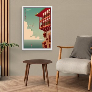 Puede incluir: Una impresi&oacute;n art&iacute;stica enmarcada con una ilustraci&oacute;n de estilo japon&eacute;s de un edificio con detalles en rojo, un drag&oacute;n y texto. La obra de arte est&aacute; ambientada sobre un cielo turquesa y un fondo beige. La impresi&oacute;n se muestra en un marco blanco.
