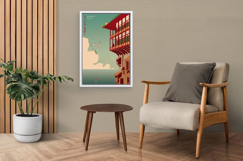 Puede incluir: Una impresi&oacute;n art&iacute;stica enmarcada con una ilustraci&oacute;n de estilo japon&eacute;s de un edificio con detalles en rojo, un drag&oacute;n y texto. La obra de arte est&aacute; ambientada sobre un cielo turquesa y un fondo beige. La impresi&oacute;n se muestra en un marco blanco.