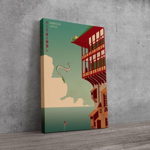 Puede incluir: Impresi&oacute;n en lienzo con una ilustraci&oacute;n estilizada de la pel&iacute;cula de animaci&oacute;n, El Viaje de Chihiro. La obra de arte representa un edificio con detalles en rojo y marr&oacute;n, un drag&oacute;n verde y texto japon&eacute;s. La paleta de colores incluye tonos de verde, beige y rojo.
