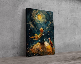 Little Prince and Fox Canvas Print, Starry Sky Art, Ready To Hang