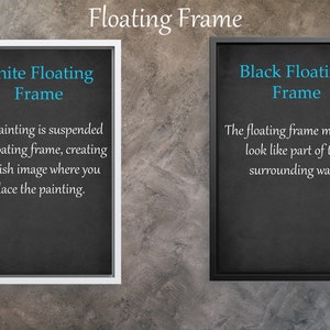 Puede incluir: Dos marcos flotantes, uno blanco y otro negro, se muestran sobre un fondo gris texturizado. El marco blanco tiene el texto "White Floating Frame" y describe c&oacute;mo crea una imagen elegante. El marco negro dice "Black Floating Frame".
