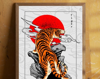Vintage Tiger Canvas Wall Art, Japanese Art, Tiger Wall Art, Japanese Animal Poster, Vintage Art