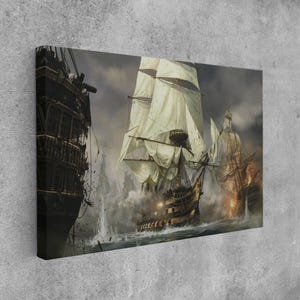 Ship Wars Framed Camvas, Pirate Ship Wall Art, Sea War Rolled Canvas, Sailing Ships Wall Art, Boating Canvas, Ship, Silver Framed Canvas,