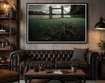 The River Keeps Secrets – London Tower Bridge Split-Shot Poster, Over-Under Photography Print, UrbanFishPOV Wall Art