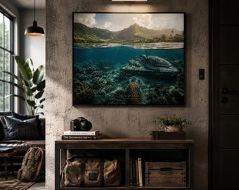 Beneath the Quiet Reef – Hawaii Split-Shot Poster, Over-Under Photography Print, UrbanFishPOV Wall Art
